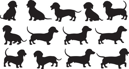 Fototapeta premium Diverse silhouettes of dachshund dogs in various relaxed poses and stances silhouette vector icon