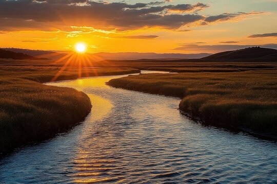 Golden sunset sunburst over a winding marsh river with rippling water, tall grasses, cloud-streaked sky and distant rolling hills, creating a peaceful tranquil mood