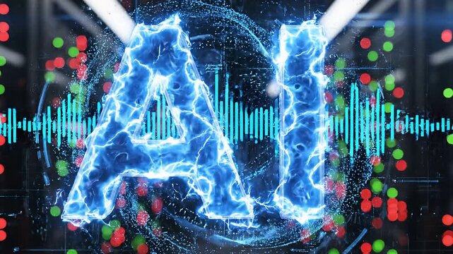 Pulsing neon ai logo with digital data waveform in a high tech server room 4k video