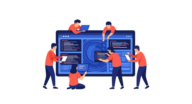 Team working on large computer.