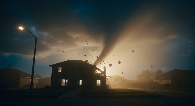 Powerful Tornado Destroying Suburban House At Night