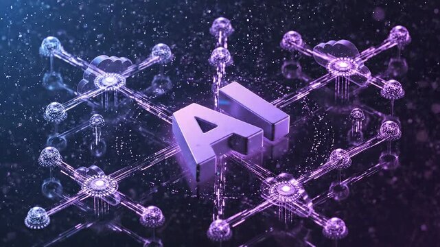 Futuristic ai text logo animation with glowing digital network and cloud connectivity 4k video