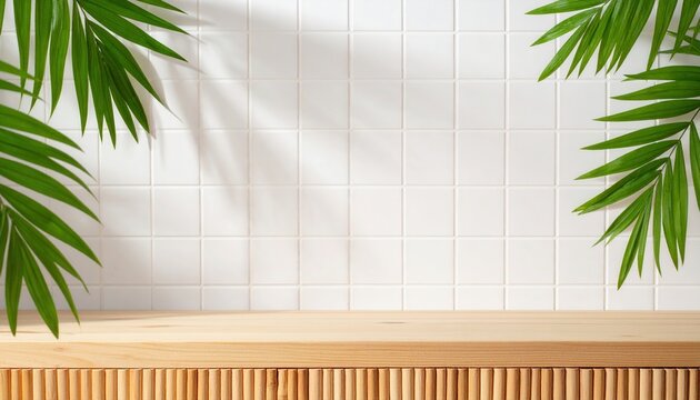 Estante de madera con pared de azulejos blancos y hojas de palma, ideal para exhibir productos con luz natural y sombras tropicales.