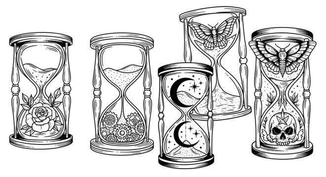 Decorative hourglasses with various designs.