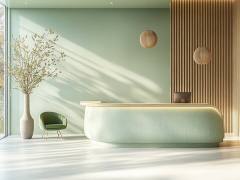 Serene welcoming reception area with curved mint green desk, wooden slat wall, pendant lights, tall vase with branches, green lounge chair, monitor and warm sunlight
