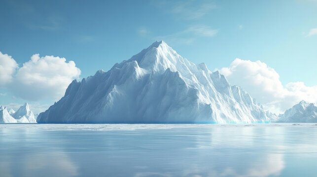 majestic iceberg mountain rising from calm reflective polar sea with smaller icebergs under a clear blue sky with fluffy clouds, a serene tranquil frozen landscape