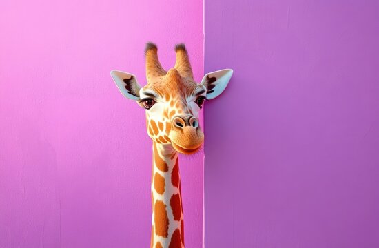 giraffe head and neck peeking from a two-tone pink and purple wall with a curious friendly expression
