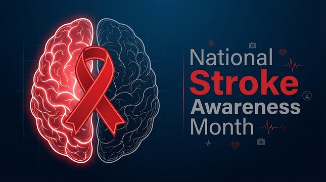 National stroke awareness month divided brain and red ribbon on dark background with medical symbols and heart rate line signifying healthcare.