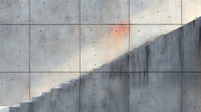 concrete staircase and large paneled wall with diagonal shadow and warm stain, evoking a calm contemplative mood