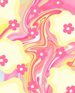Abstract pink pastel liquid marble textured background with pink yellow fluid swirl texture