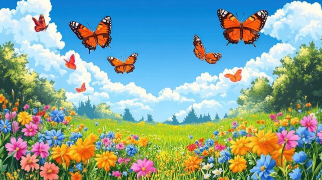 Colorful wildflower meadow with orange butterflies soaring beneath a bright blue sky and fluffy white clouds, framed by lush green trees &mdash; cheerful summer scene