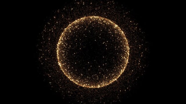 Abstract golden ring with flowing energy on black background Swirling particles form a golden ring around black void. Represents creation, cosmic event, expansion, origin, beginning, space phenomenon