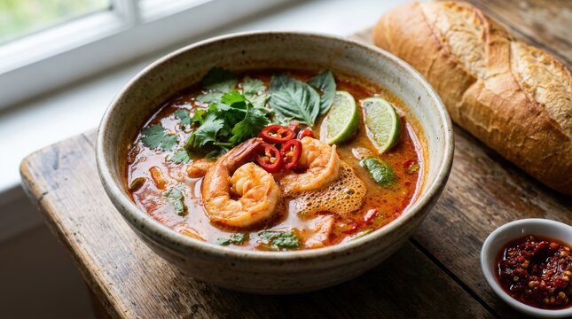 Spicy Thai Shrimp Soup with Lime and Bread.