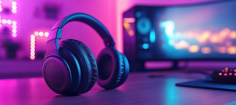 Over-ear headphones resting on a wooden desk in front of a glowing gaming PC and curved monitor with keyboard and mouse, neon pink and blue ambient light evoking immersive relaxed focus