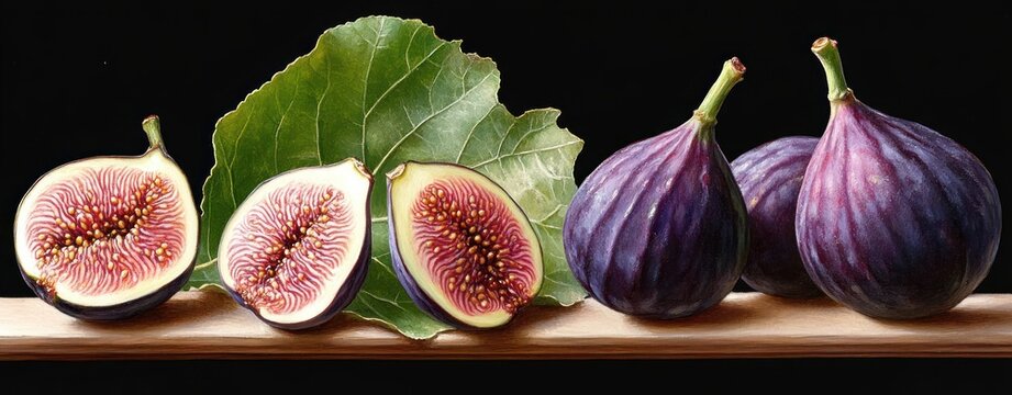 Ripe purple figs and halved figs with exposed pink seedy flesh arranged on a wooden plank with a large green fig leaf against a dark background, evoking fresh, inviting abundance