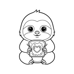 Fototapeta premium Cute cartoon sloth holding a heart-shaped toast with jam, line art illustration