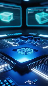 Close-up of futuristic circuit board with glowing blue lights