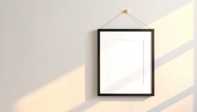 Marco de fotos negro vac&iacute;o con paspart&uacute; blanco colgando en una pared clara, iluminado por la luz del sol.
