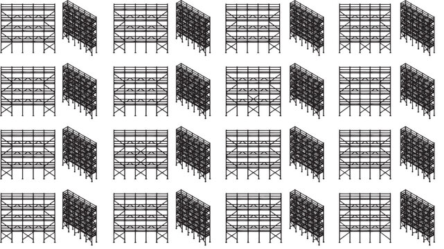 A repeating pattern of intricate scaffolding structures, conveying themes of construction and infrastructure.
