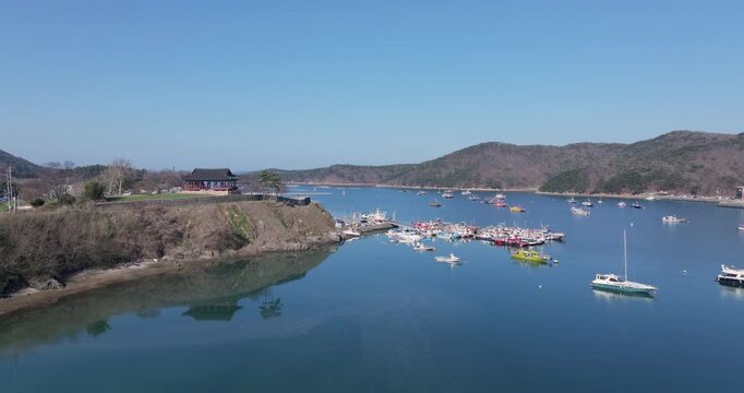 Aerial Drone Footage of Peaceful Ocheon Port and Chungcheong Suyeongseong Fortress, Boryeong, South Korea