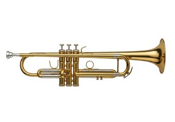 Obraz premium A polished brass trumpet with three valves and a bell flare