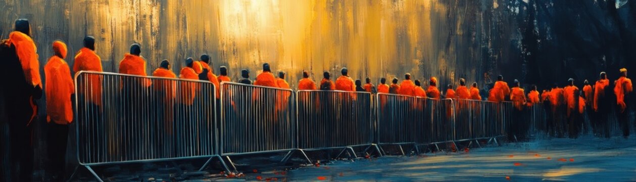 Long line of hooded figures in orange cloaks standing behind metal barricades beneath dramatic golden light, creating a somber, tense atmosphere