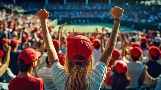 crowd of cheering fans in red caps with woman raising both arms in stadium, joyful excitement and celebration at an outdoor match