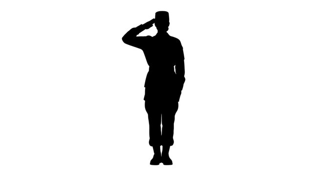 A soldier stands at attention giving a salute in a stark silhouette