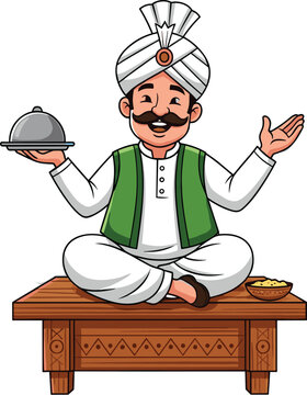 Indian man sitting on traditional charpai holding food tray, cartoon character illustration in cultural attire for hospitality and lifestyle themes