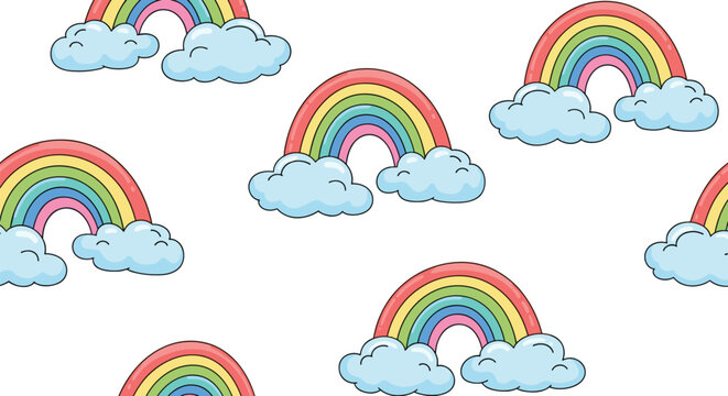Seamless rainbow and cloud pattern with cute cartoon style, colorful sky background illustration for kids, nursery and textile design