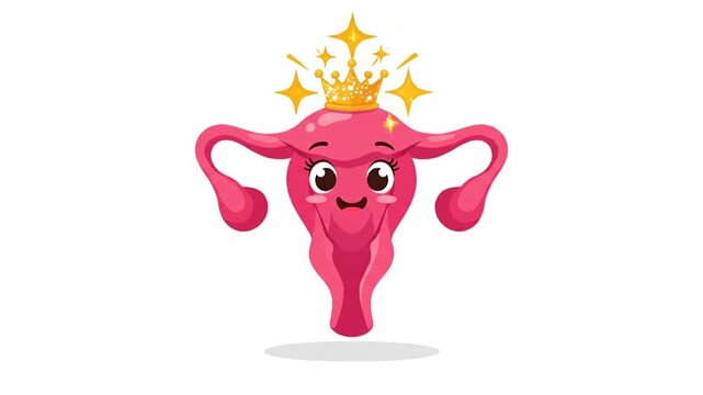 Happy uterus cartoon character wearing a gold crown