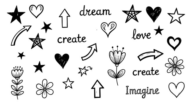 hand drawn doodles sketch icons and creative elements featuring inspirational words hearts stars and arrows for design.