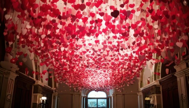 Hallway adorned with red heart decorations for Valentines Day.