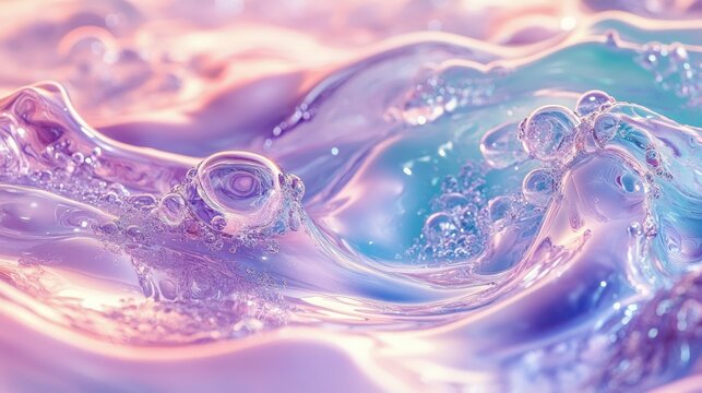 dreamy pastel liquid waves with glossy bubbles and iridescent reflections in a serene abstract close-up