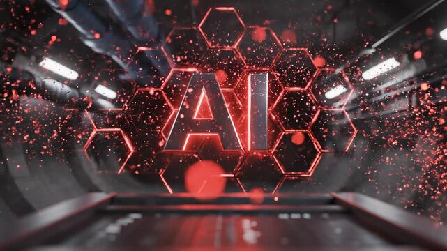 Futuristic ai logo animation with glowing hexagon grid and dynamic particles 4k video