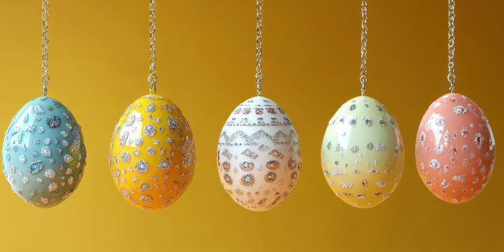 Five pastel decorated hanging eggs with glitter and rhinestone patterns on chains against a warm yellow backdrop, ornate, elegant and joyful