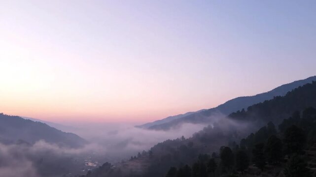 Light pastel sky background with thin mountain line on right and subtle fog minimal scene