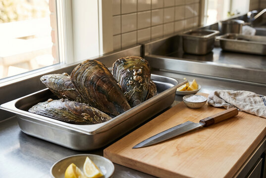 Pen Shells in Kitchen Prep Area with Knife and Ingredients