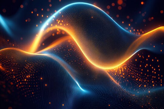 glowing blue and orange flowing wave mesh with dotted surface and floating particles conveying dynamic energetic motion and futuristic digital landscape