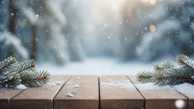 Snowy wooden tabletop with pine branches on a winter forest background