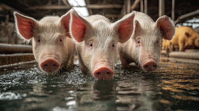 Three pigs stand close together drinking water inside a barn with wooden beams and natural light filtering in.