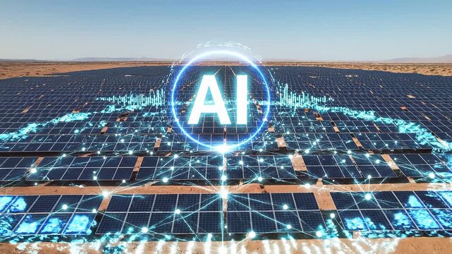 Futuristic ai logo overlaying vast solar panel farm in desert landscape concept 4k video
