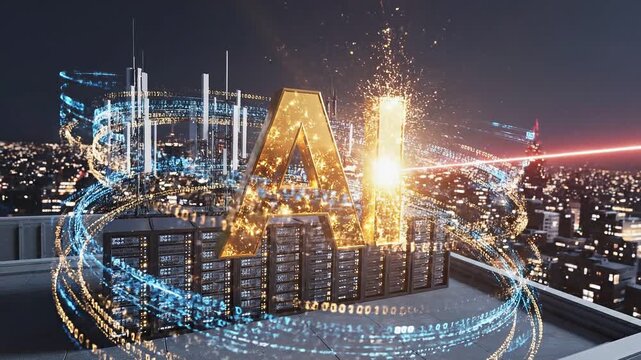 Futuristic cityscape with glowing digital logo and laser beams scanning skyline at night 4k video