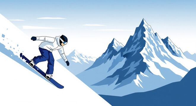 A person snowboarding down a steep, snowy mountain slope with majestic peaks in the background under a clear sky.