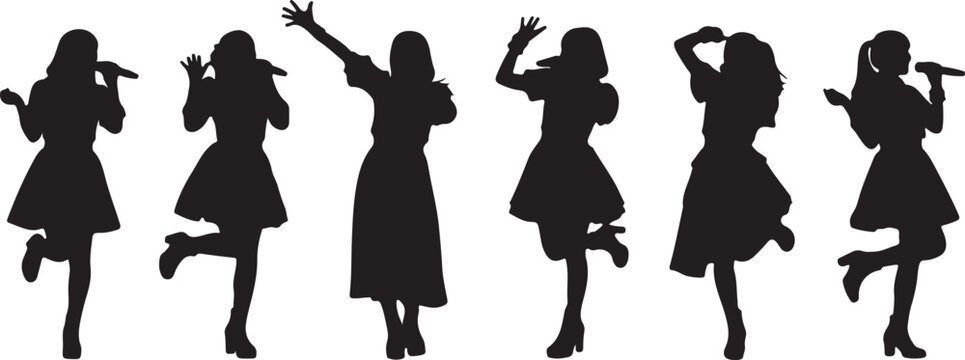 Animated silhouettes of girls in dynamic dance poses on a white background silhouette vector icon
