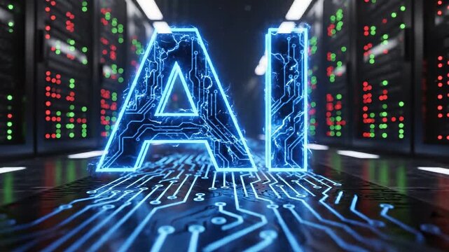 Glowing ai text logo floating above digital circuit board in server room data center 4k video