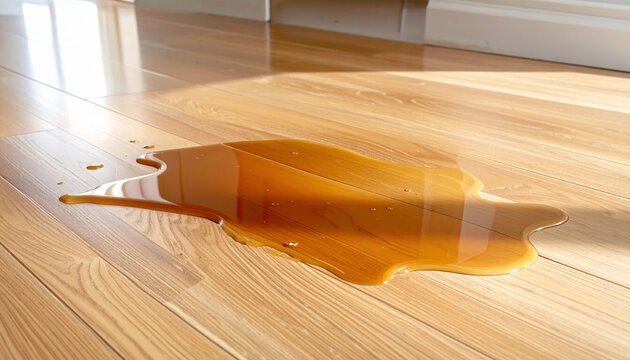 Eine gro&szlig;e braune Pf&uuml;tze aus versch&uuml;ttetem Kaffee oder Tee breitet sich auf einem hellen Parkettboden in einem sonnendurchfluteten Wohnzimmer aus.