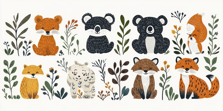 Ten cute hand-drawn woodland animals &mdash; foxes, bears, raccoon-like creatures, a squirrel and a fluffy spotted cub surrounded by leafy branches and wildflowers, playful and cozy