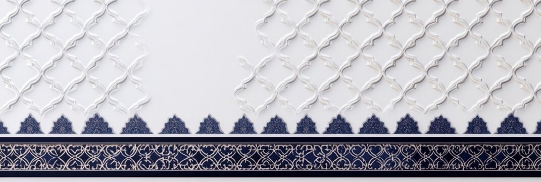 elegant navy and white ornamental border with raised lattice pattern and intricate arabesque tile band evoking calm refined sophistication