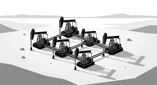 Group of oil pumpjack machines operating in field.